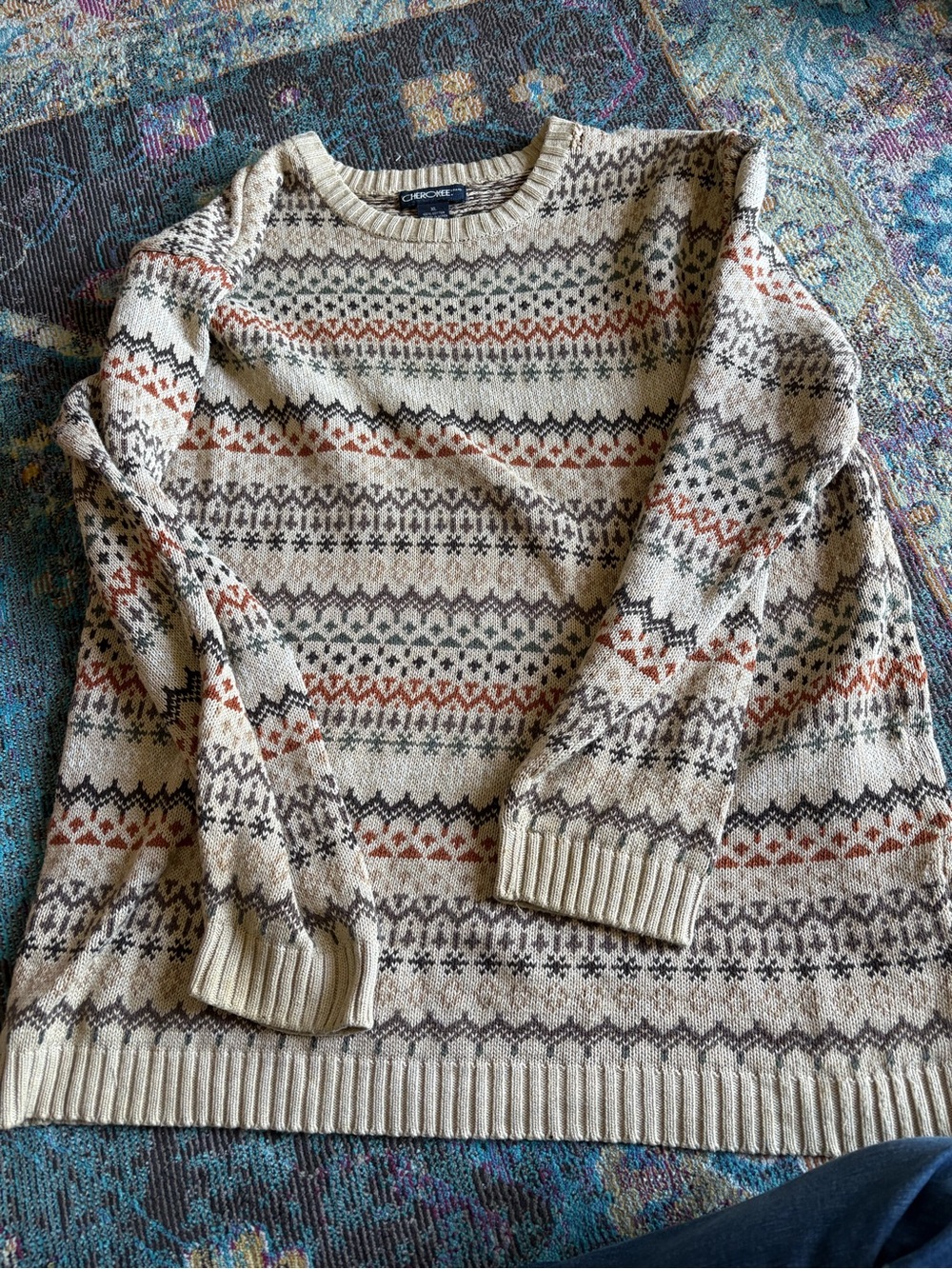 Cherokee Men's Cream Fair Isle Crewneck Sweater with Rust and Brown Accents